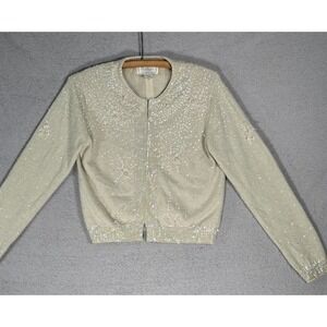 Express Tricot Vintage 90s Beaded Angora Lambswool Cardigan Champagne XS Floral